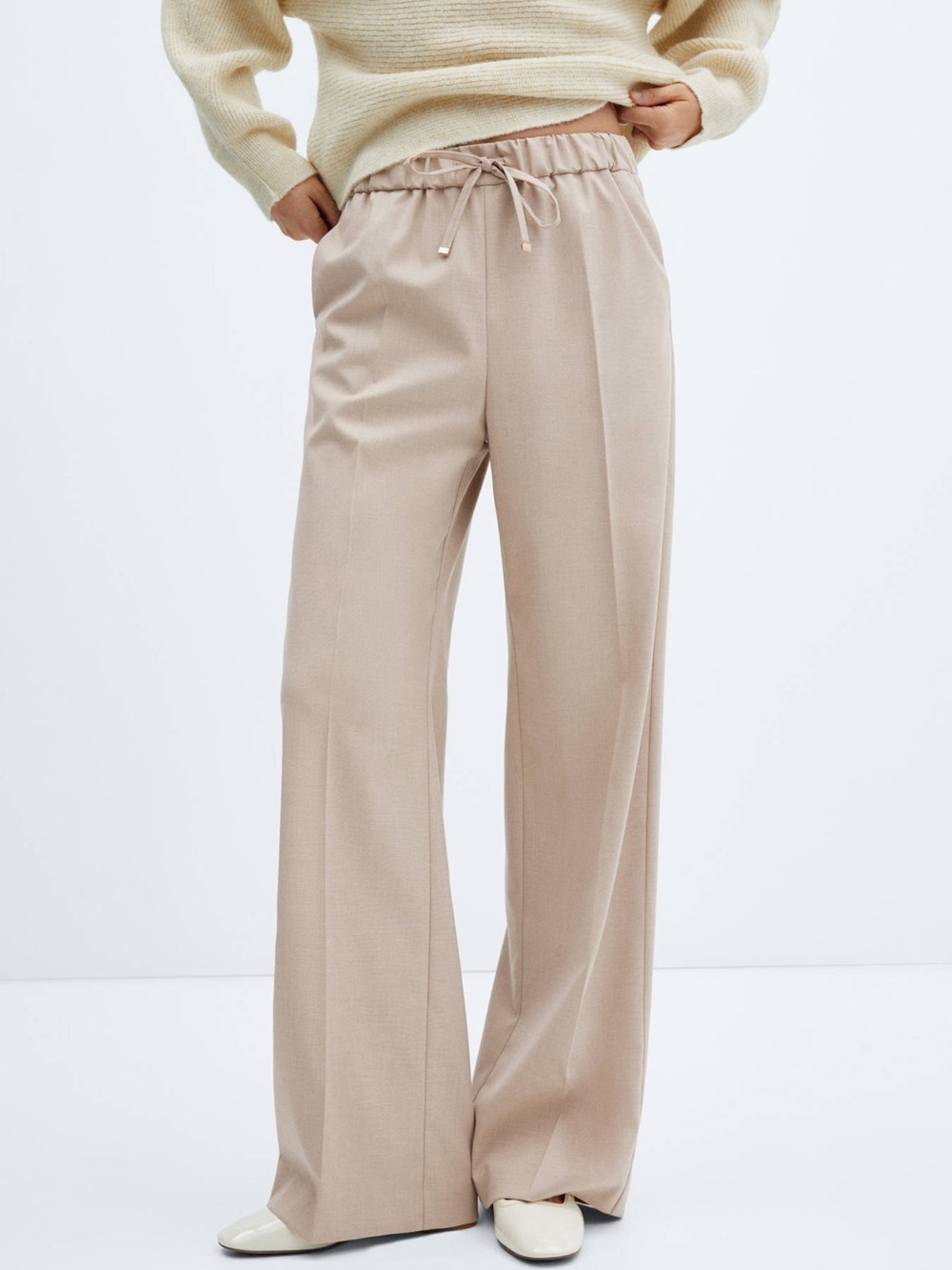 Mango Wide-Leg Drawstring Pants in Beige